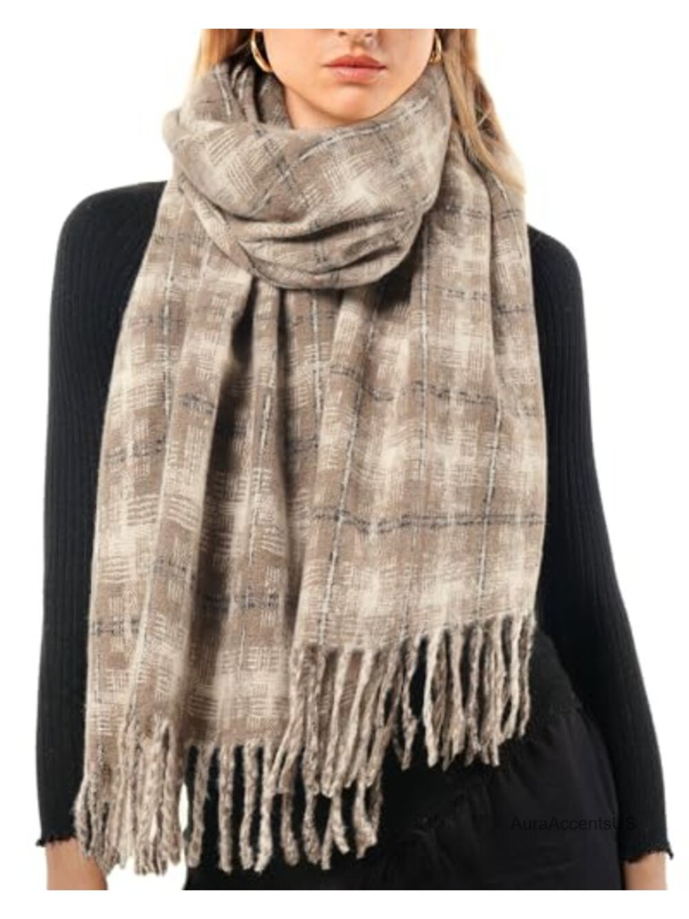 Oversized Plaid Scarf with Tassels - Warm Winter Wrap Shawl, Cashmere Blend